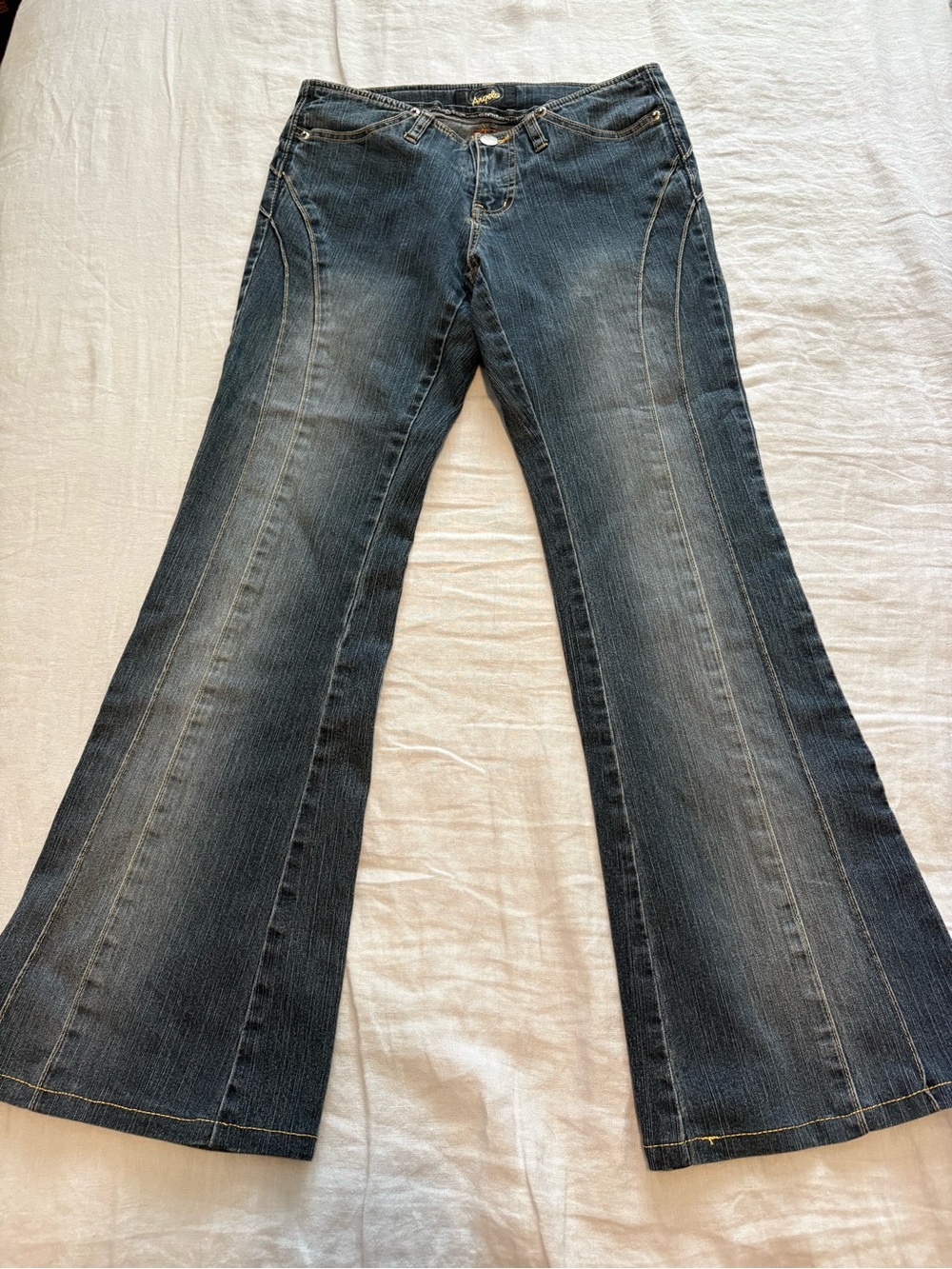 Vintage Angels Dark Wash Blue Low Rise Flare Bootcut Jeans with Stitch Detail